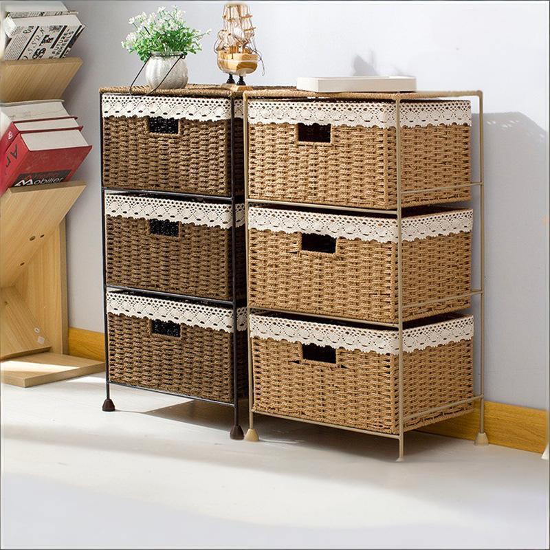 6-drawer woven storage unit with biodegradable paper rope baskets and black painted metal frame, customizable colors