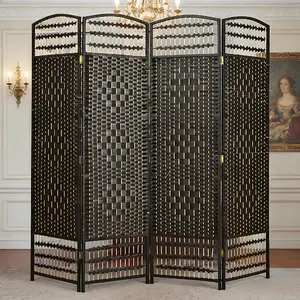 Customizable black woven wooden screen as a partition in a luxury European living room with a crystal chandelier