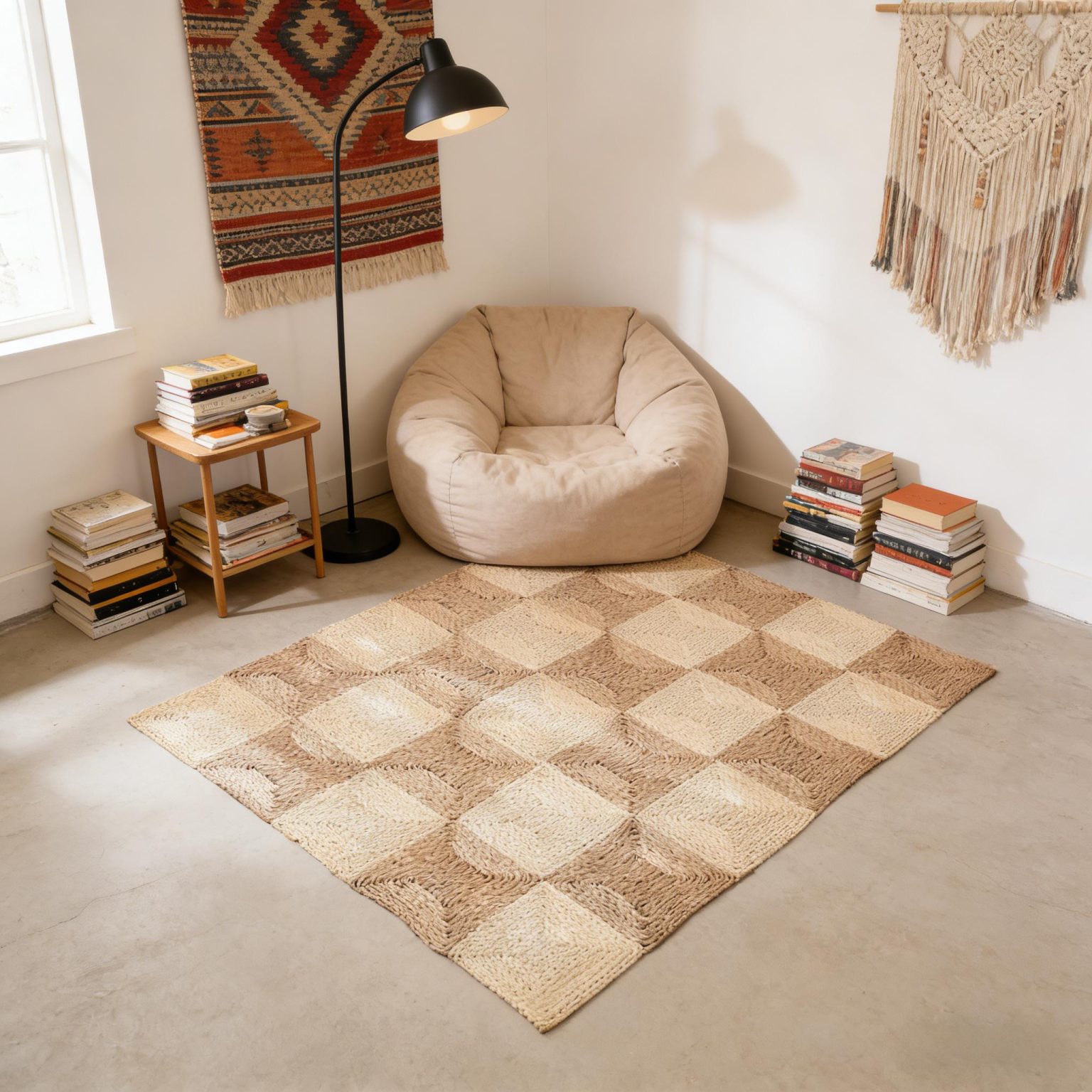 Bohemian bedroom featuring a checkered natural fiber rug, a low-profile platform bed, and dreamcatchers
