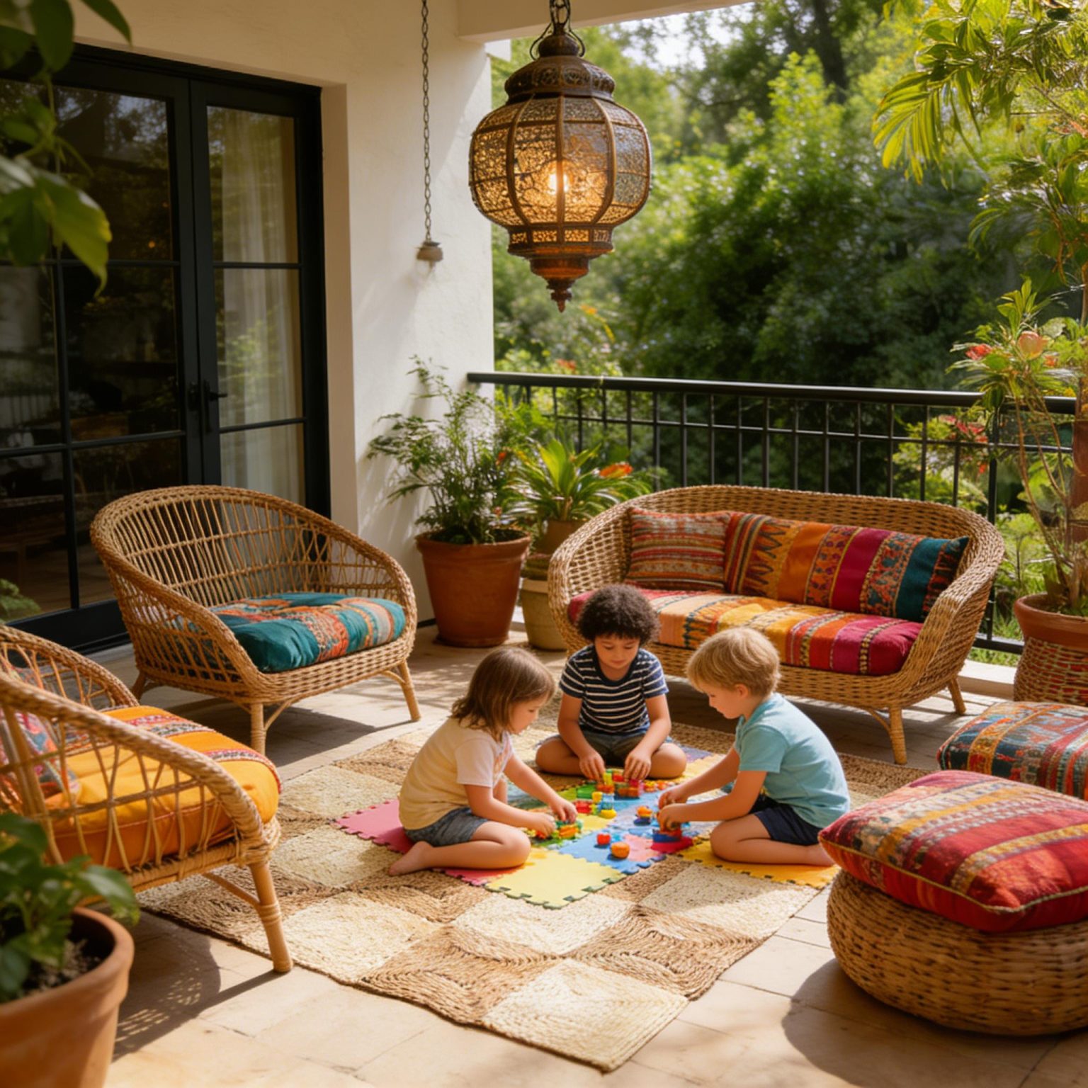 Bohemian kids’ play area with a checkered natural fiber rug, where three children play with wooden toys