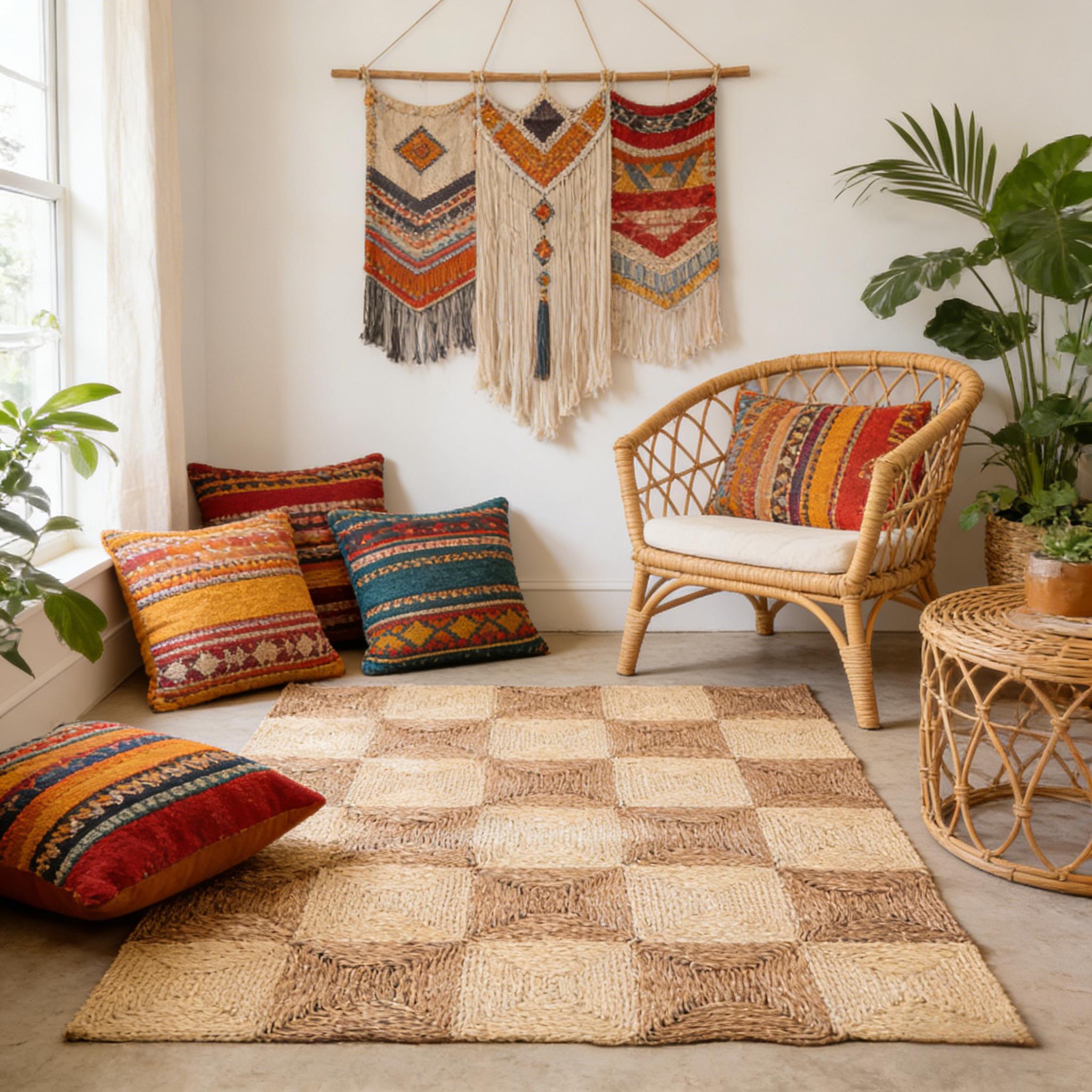 Bohemian living room with a checkered natural fiber rug, layered textiles, and macrame wall decor