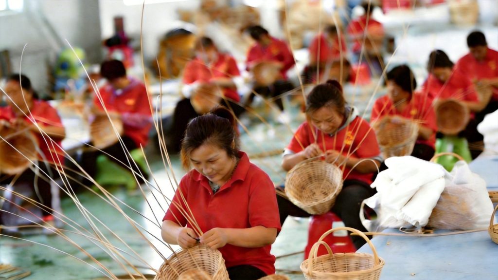 Factory artisan team handcrafting rattan baskets in workshop, sustainable woven home goods manufacturing