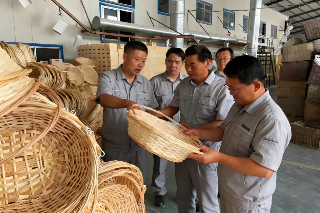 Factory team inspecting handwoven products during multi-stage quality control process, from raw material selection to final packaging.