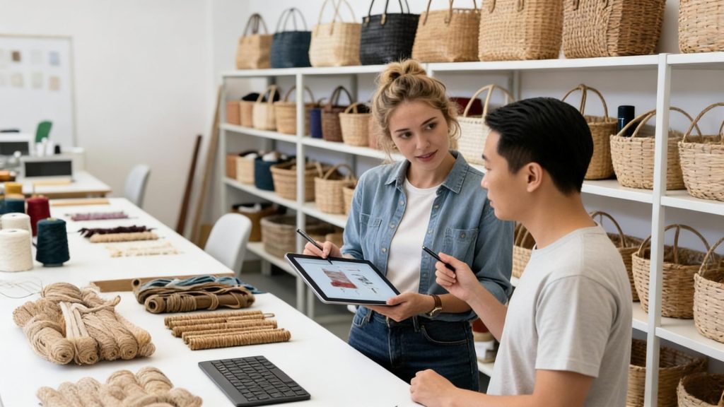Designers collaborating on custom woven product designs with material samples, showcasing flexible customization and fast prototyping capabilities