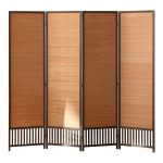 Light Brown Bamboo Woven Bottom Openwork 4-panel Room Divider with Pine/Tung Wood Frame - WovenNatural