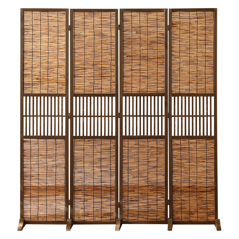 Light Brown Bamboo Woven Openwork 4-panel Room Divider with Pine/Tung Wood Frame - WovenNatural