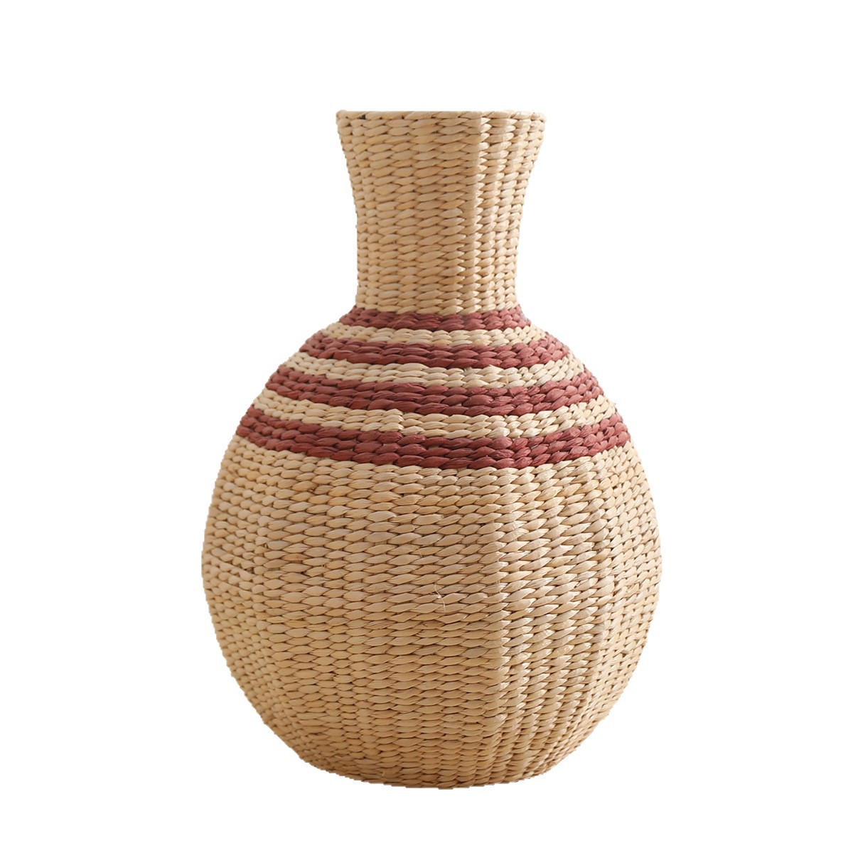 Red-striped Rush Grass Woven Decorative Vase in Round Shape - WovenNatural