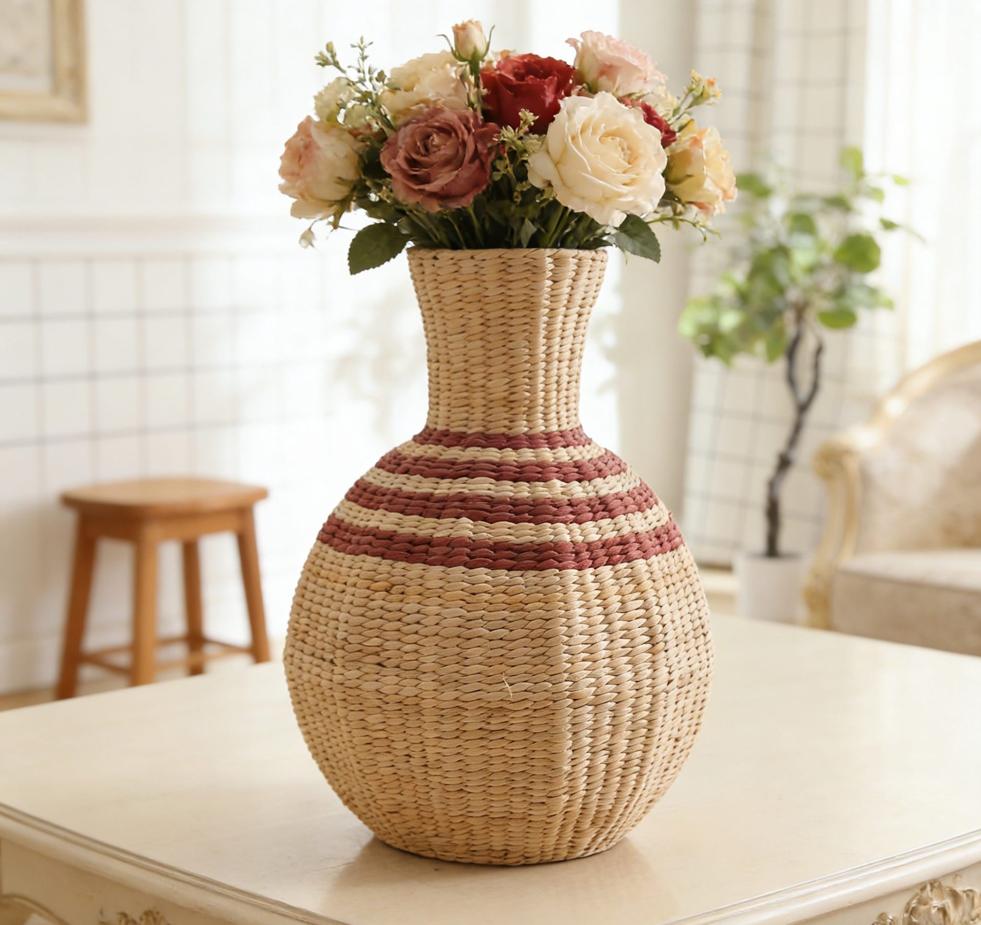 Red and cream handwoven containers hiding a functional glass bottle inside, perfect for holding green branches, water, dry goods, or as a standalone decor piece