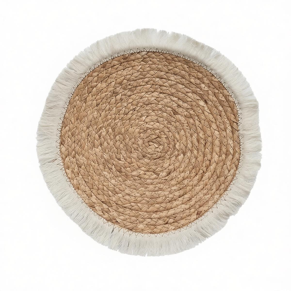 Round Handwoven Seagrass Placemat with White Fringe - WovenNatural