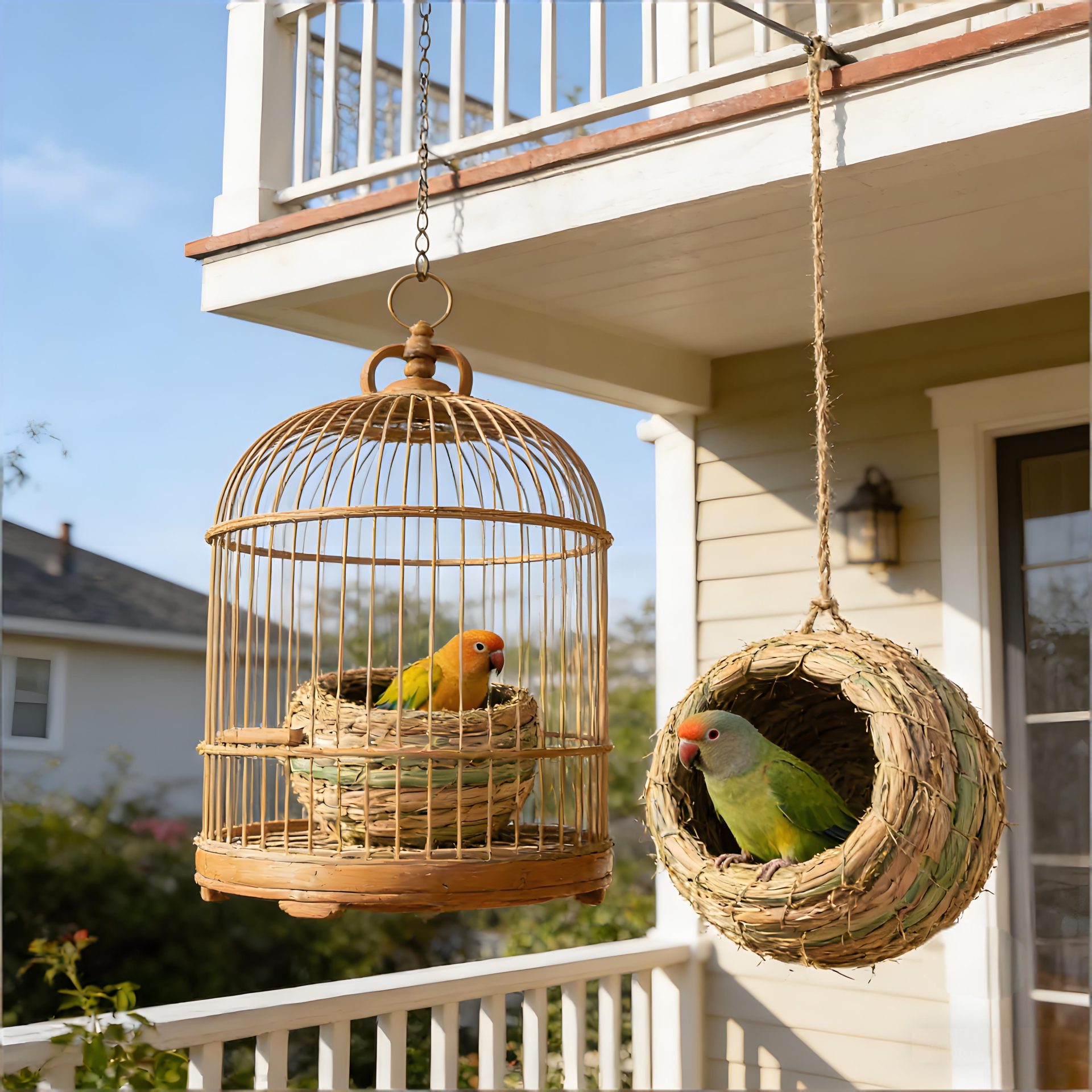 Two seagrass breeding nests used for small songbirds inside a vintage metal birdcage on a porch
