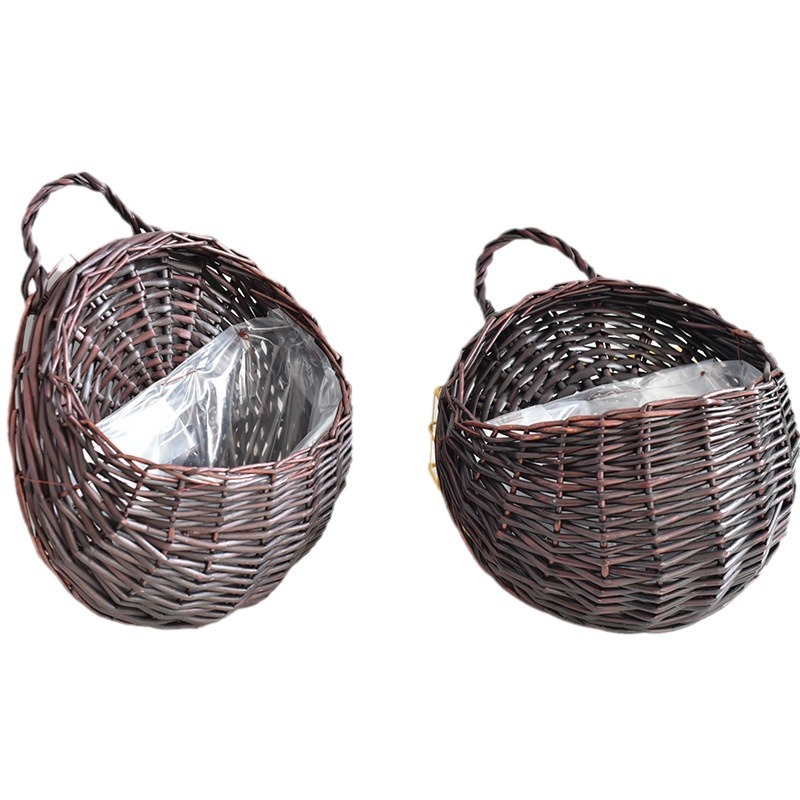 Set of 2 Dark Willow Woven Wall Hanging Flower Baskets with Liners - WovenNatural