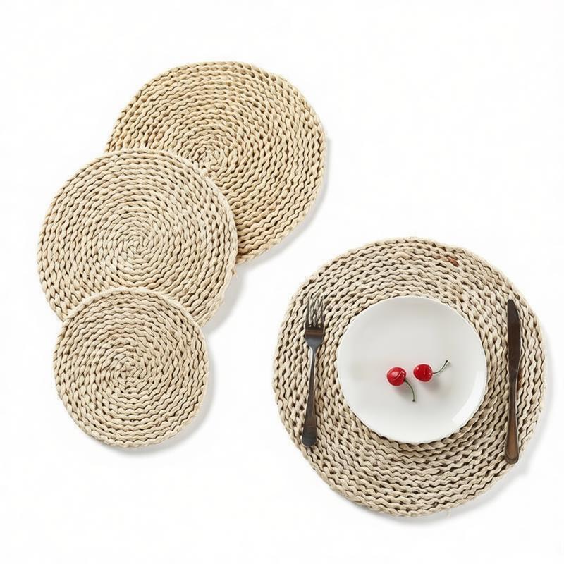 Set of 3 Round Handwoven Seagrass Placemats with Table Setting - WovenNatural