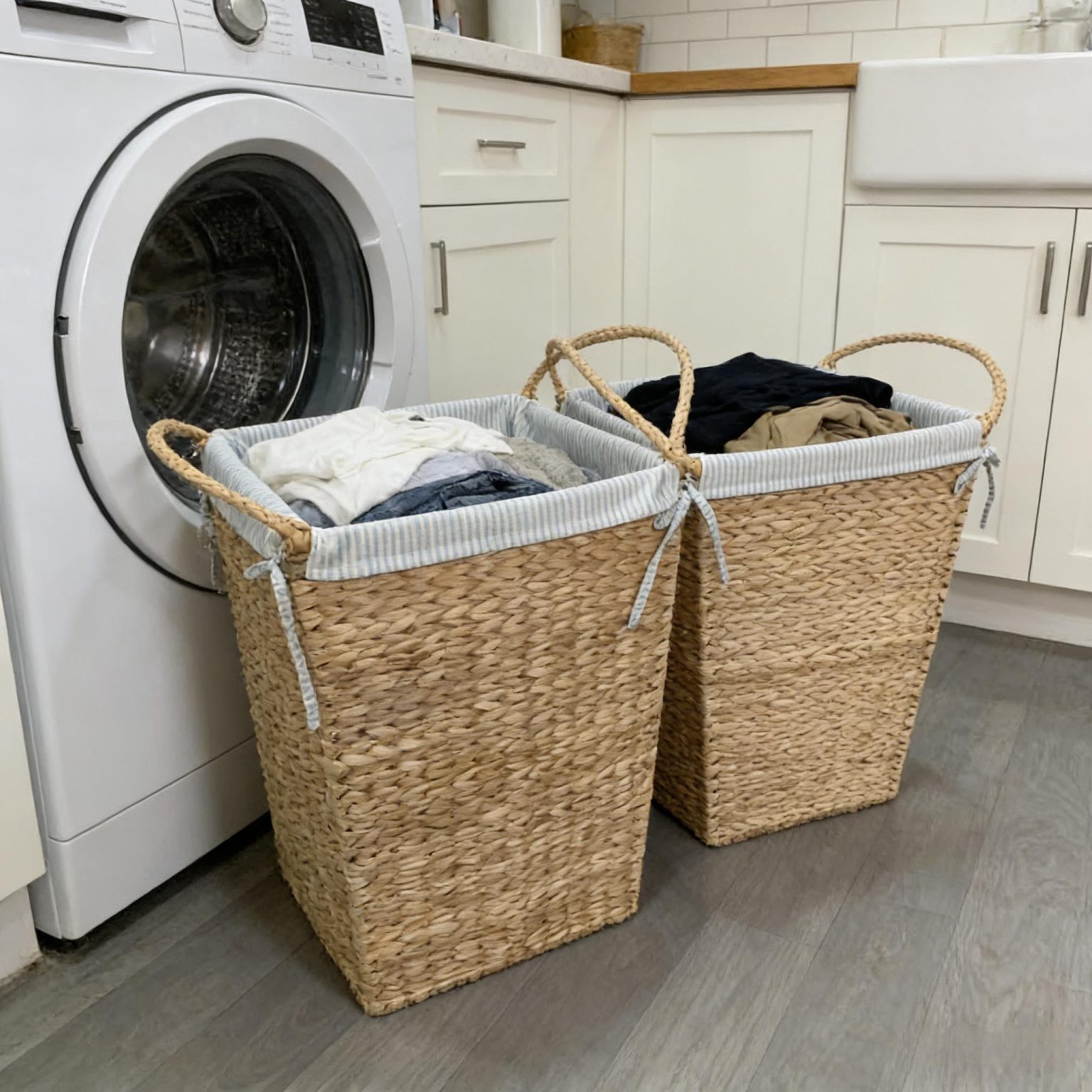 Water hyacinth laundry baskets beside washing machine in American style laundry room