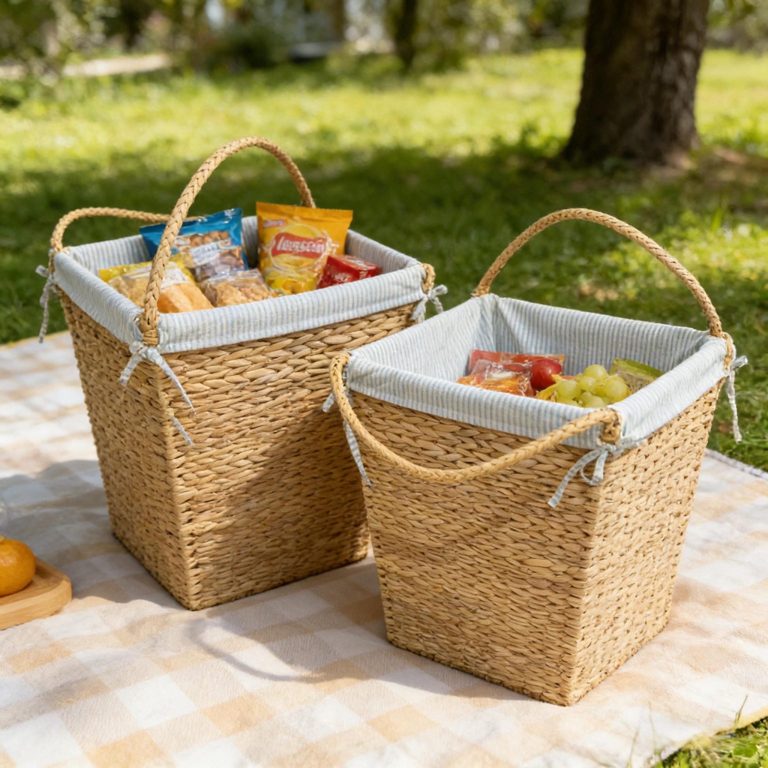 Set of water hyacinth storage baskets with snacks for outdoor picnic