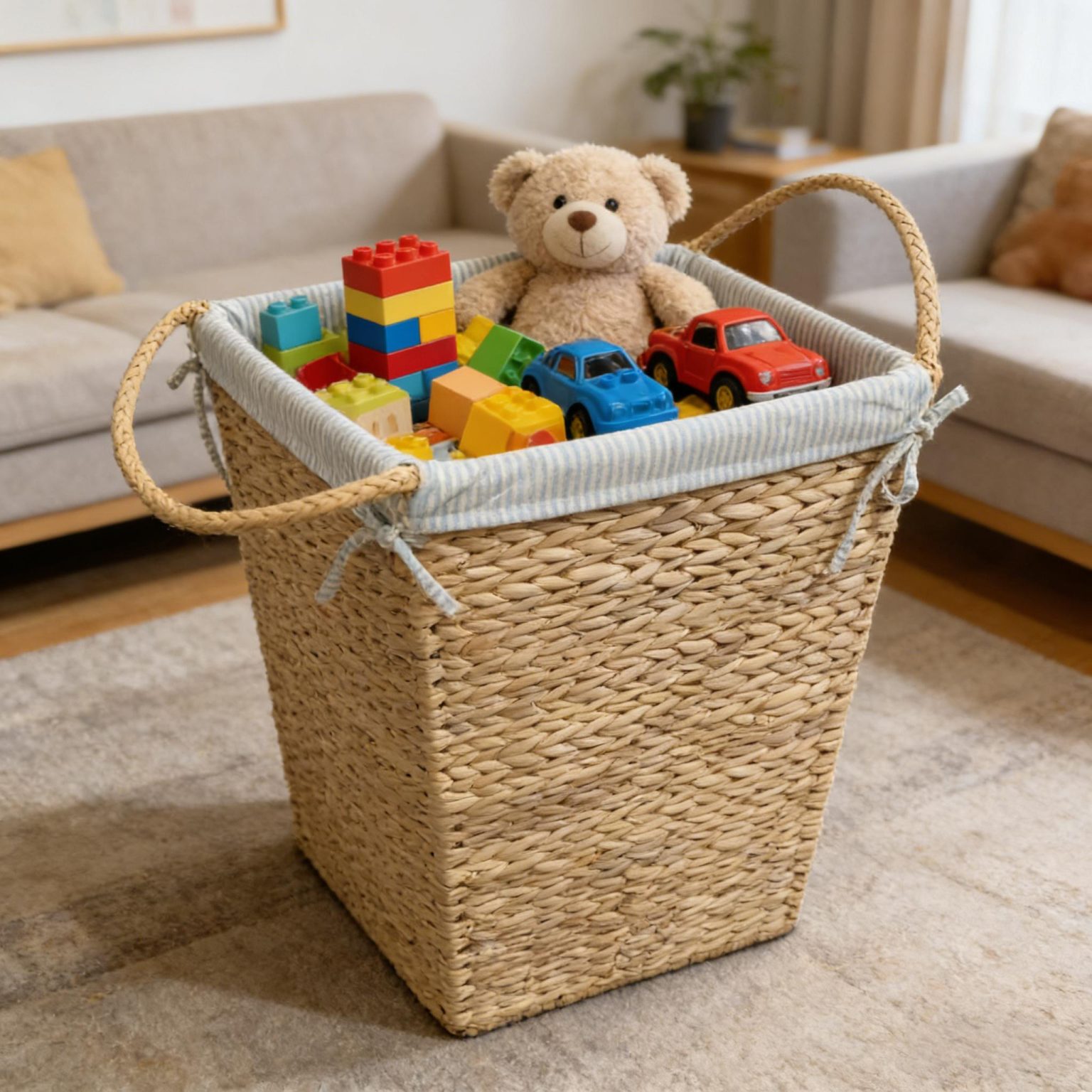 Natural water hyacinth storage basket filled with kids toys in modern living room