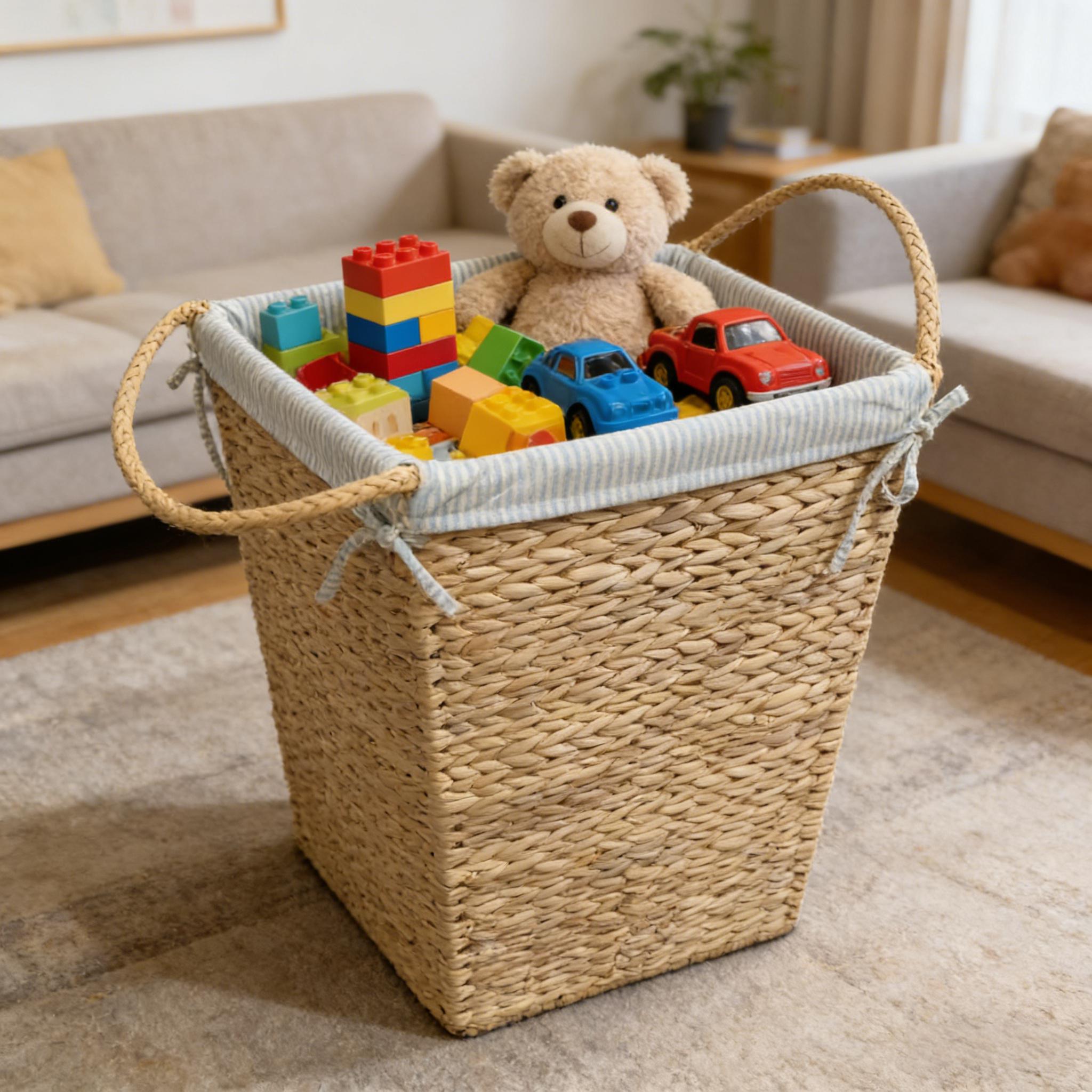 Natural water hyacinth storage basket filled with kids toys in modern living room