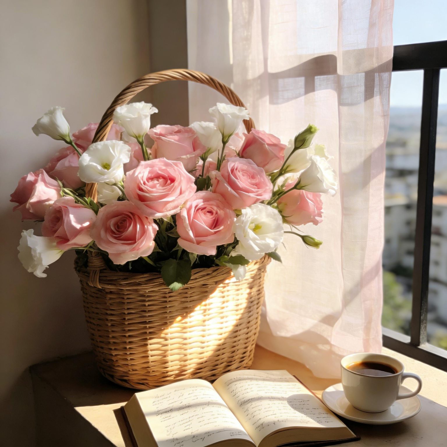 Handwoven willow basket filled with pink roses and eustoma on a sunlit window sill, paired with coffee and a journal
