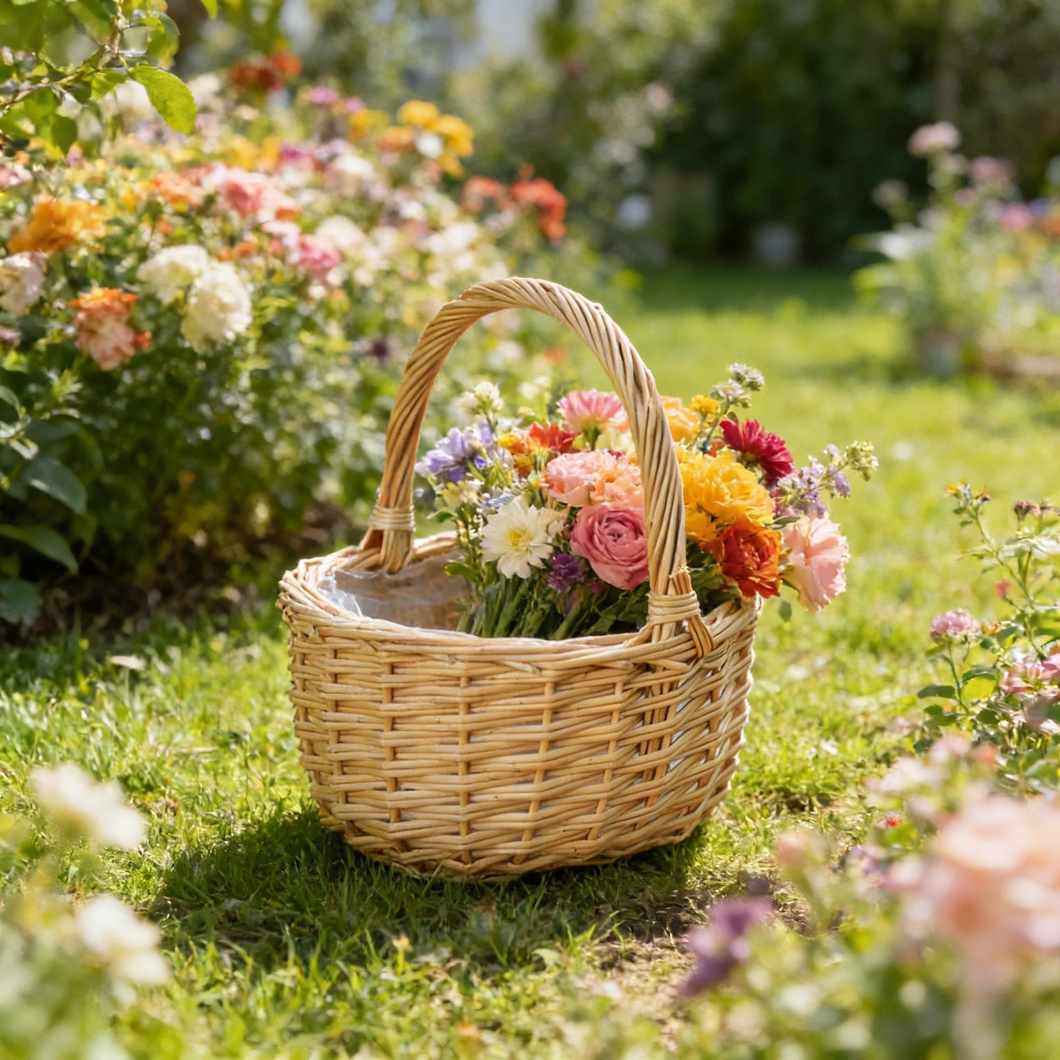 Handwoven willow basket holding a vibrant bouquet of fresh cut flowers in a lush garden