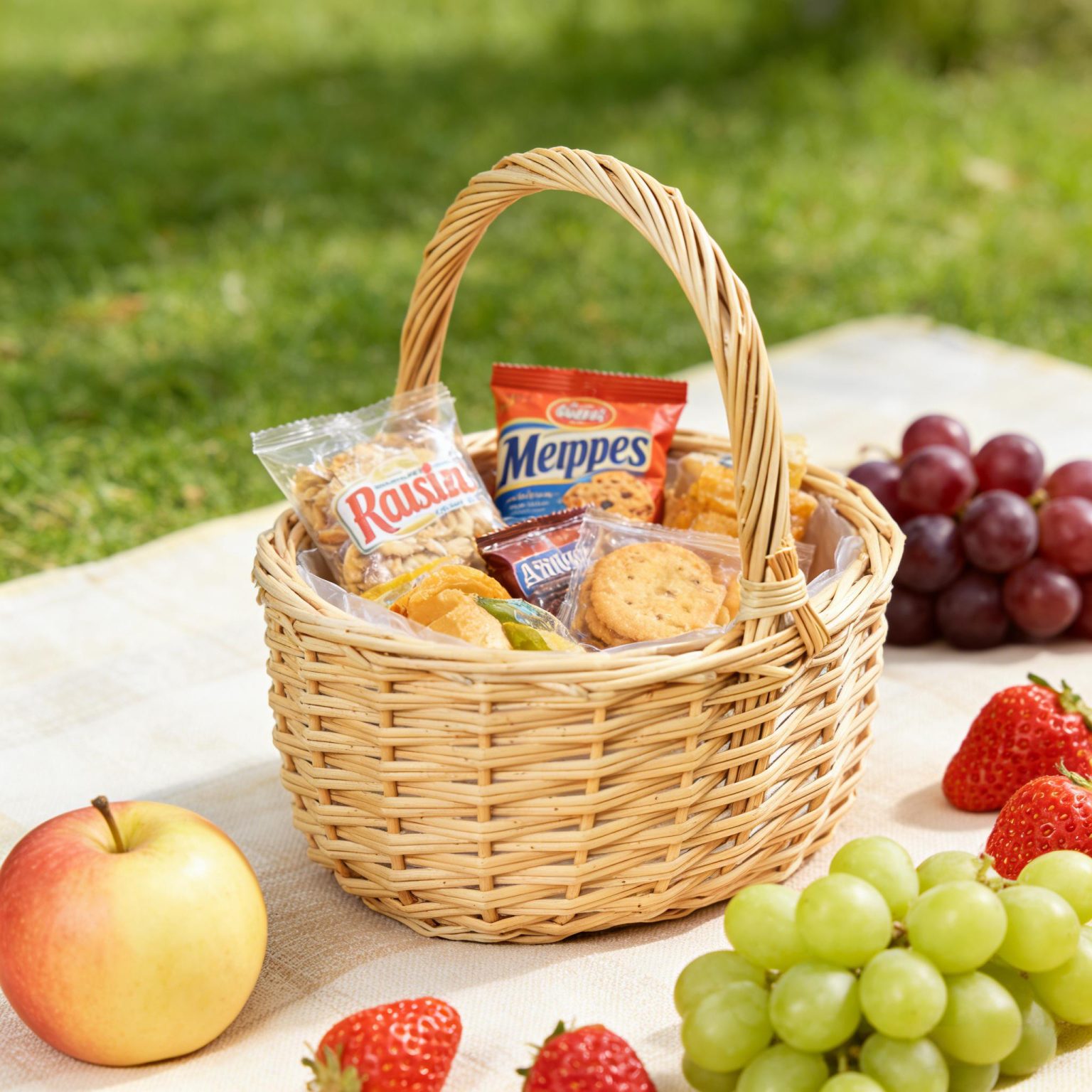 Natural willow picnic basket filled with snacks and fresh fruits on a linen blanket in a sunny park