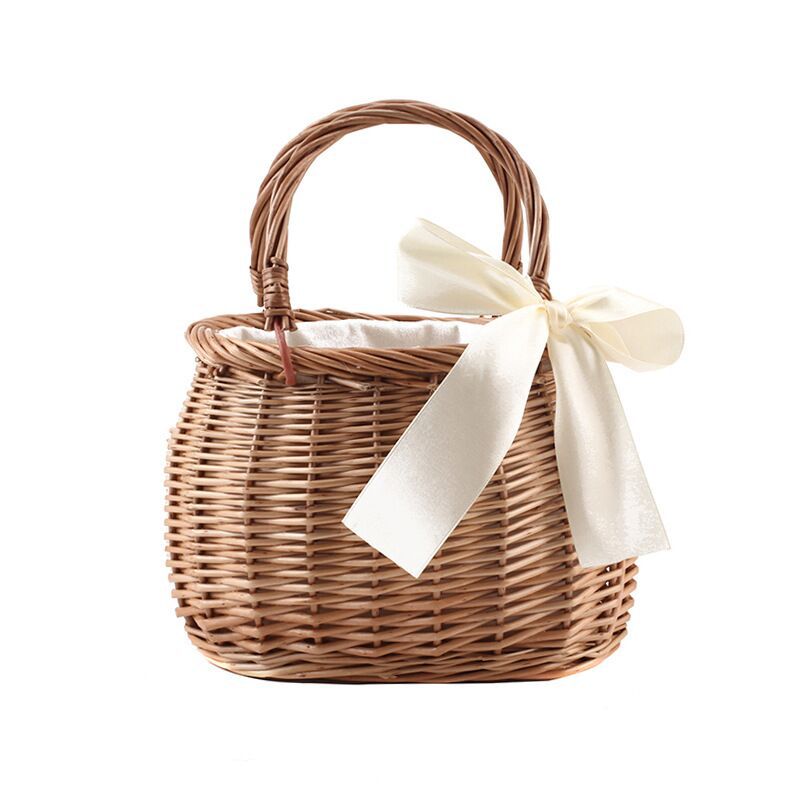 Willow Woven Flower Handbag with White Satin Bow - WovenNatural