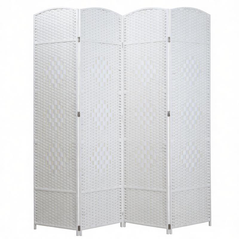 White woven folding room divider screen, white background