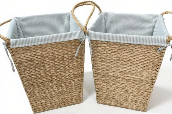 Woven storage organizer with striped lining, white background