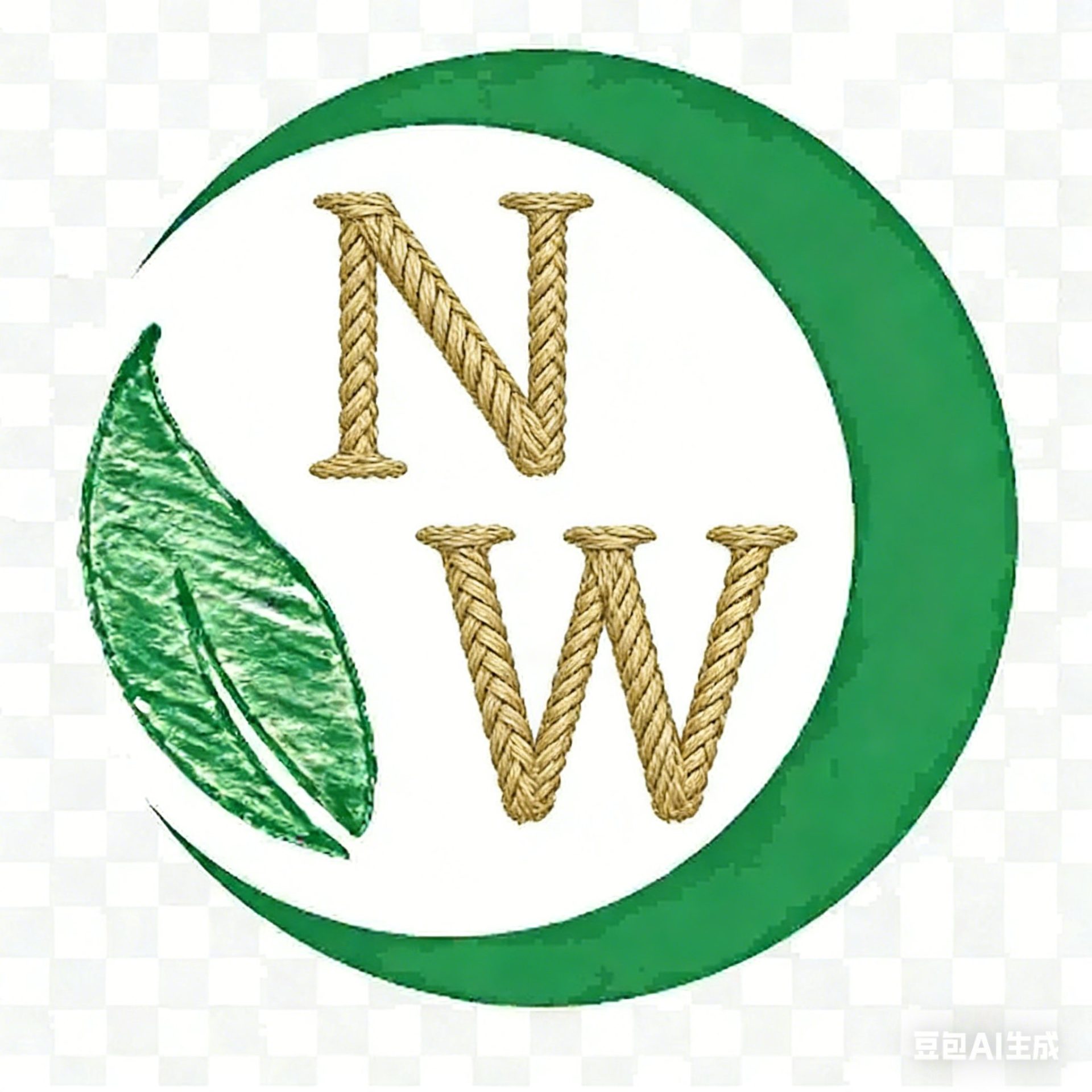 WovenNatural logo featuring a stylized green crescent moon, a textured green leaf, and the letters 'N' and 'W' crafted from natural woven rope, symbolizing eco-friendly, handcrafted home decor.