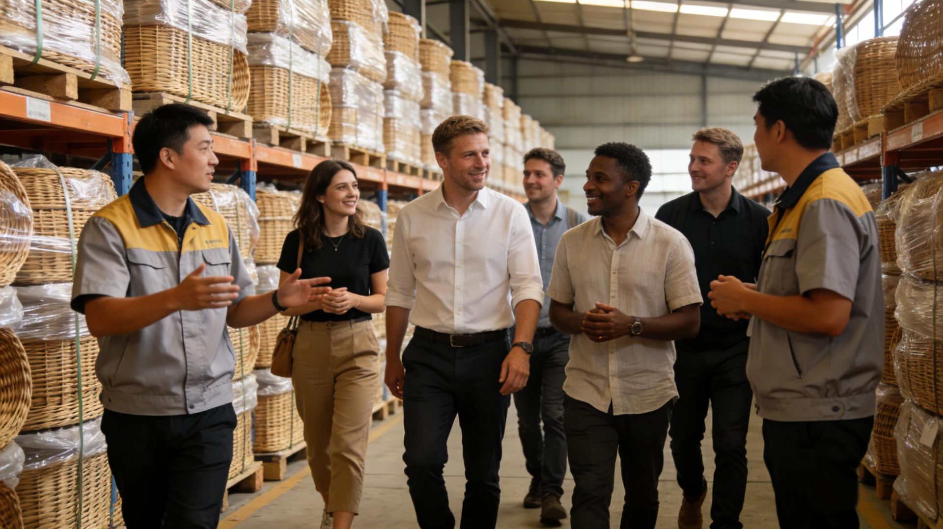 Clients visiting the rattan storage basket warehouse