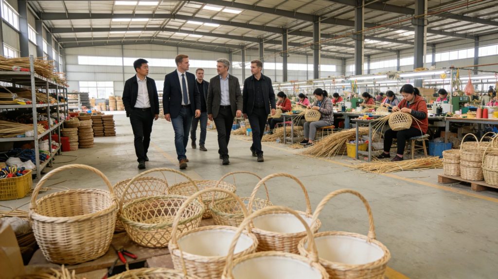 Foreign Buyers Observing Skilled Craftsmen Weaving Willow Baskets at Workshop
