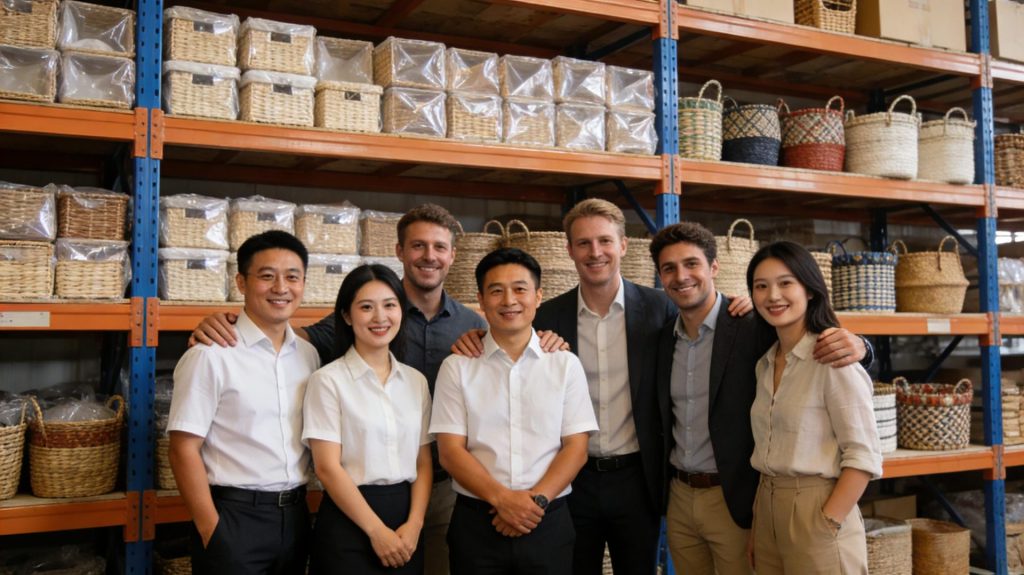 Group Photo of International Buyers and Our Team After Inspecting Rattan Storage Basket Warehouse
