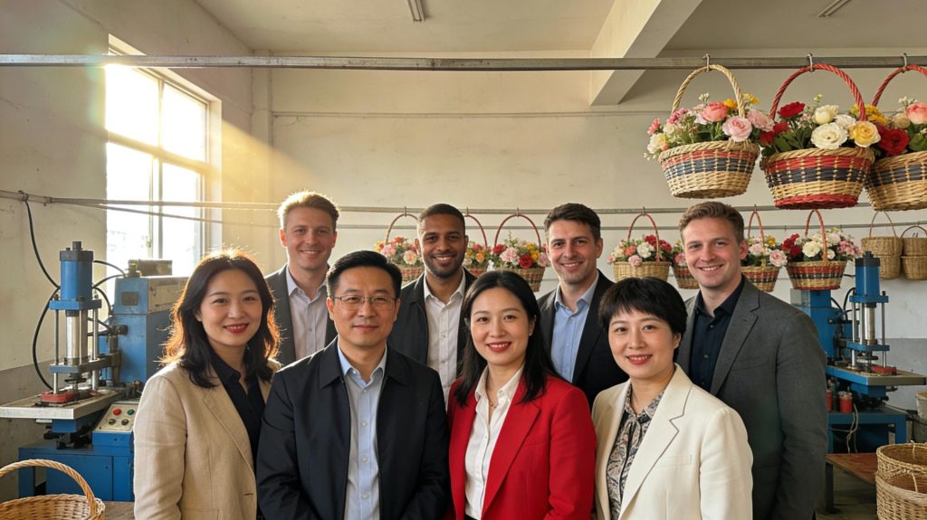 Group Photo of International Clients and Our Team After Visiting Wicker Flower Basket Production Workshop