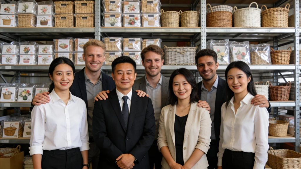 Group Photo of Overseas Customers and Our Staff After Inspecting Packaged Wicker Basket Inventory