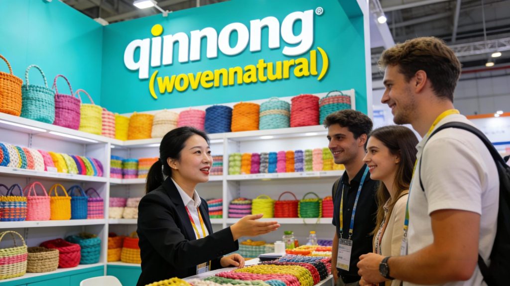 Qinnong (Wovennatural) Sales Team Introducing Colorful Handwoven Rattan Baskets at Trade Fair