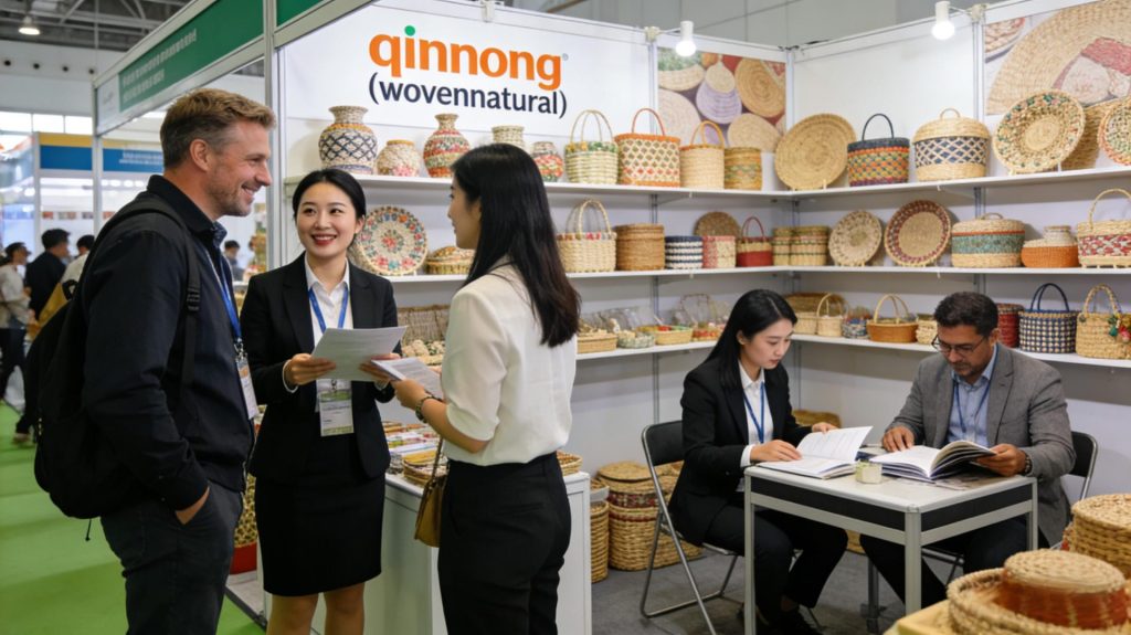 Qinnong (Wovennatural) Trade Show Booth with Handwoven Wicker Home Decor and Overseas Buyers