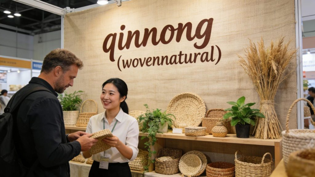 Qinnong (Wovennatural) Staff Demonstrating Handwoven Willow Basket to Buyer at Trade Show