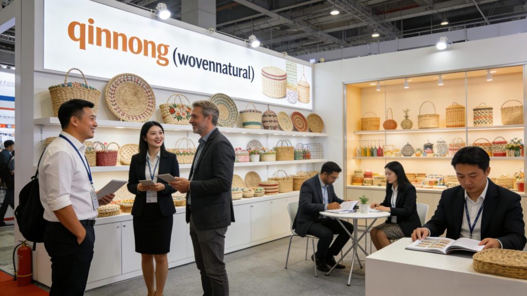 Qinnong (Wovennatural) Trade Show Booth with Handwoven Willow Rattan Baskets and Home Decor