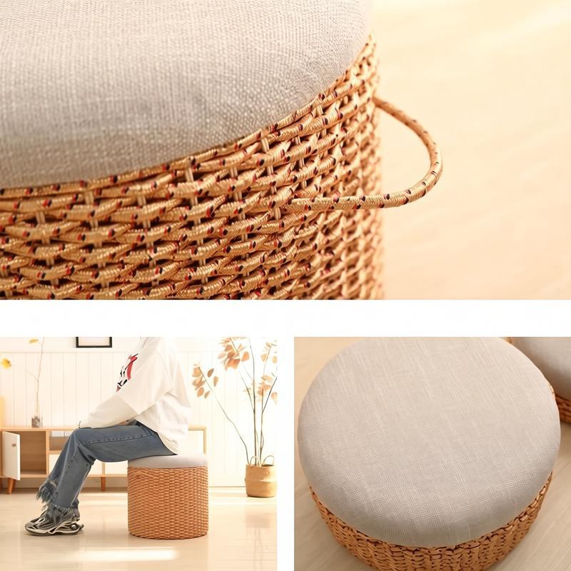 Handwoven cotton rope stool details, showing handle and linen cushion texture