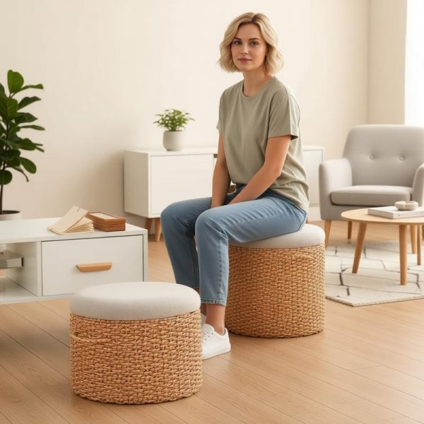 Handwoven cotton rope stool with linen cushion, rustic style for living room use