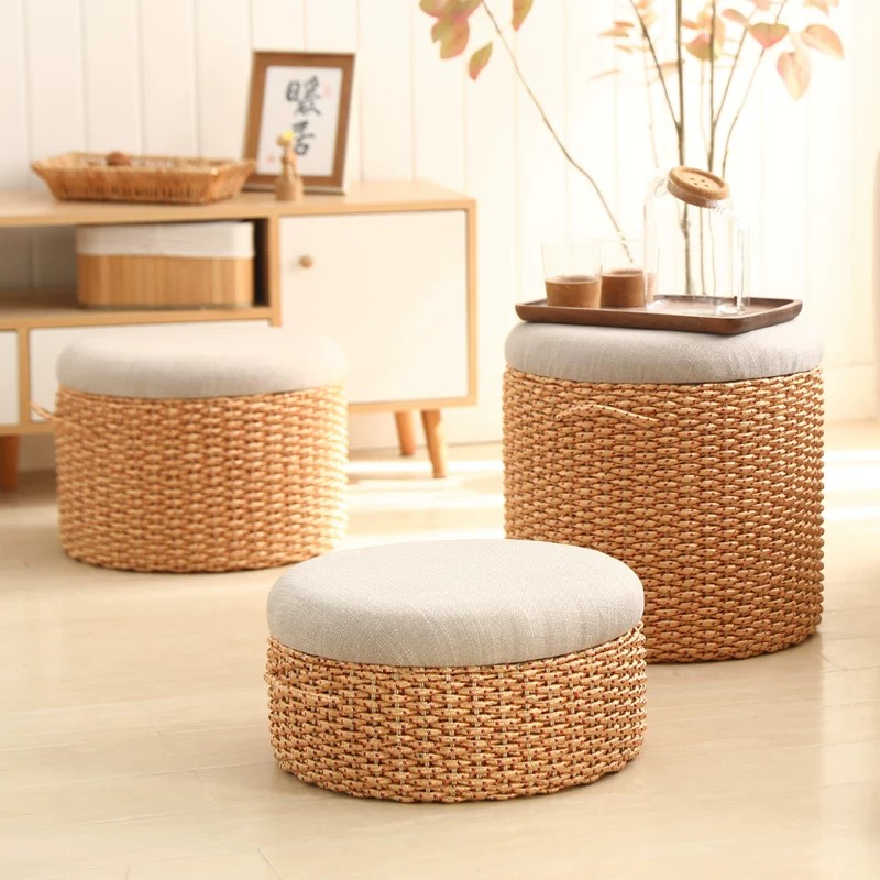 Handwoven cotton rope stools with linen cushions, eco-friendly rustic home decor