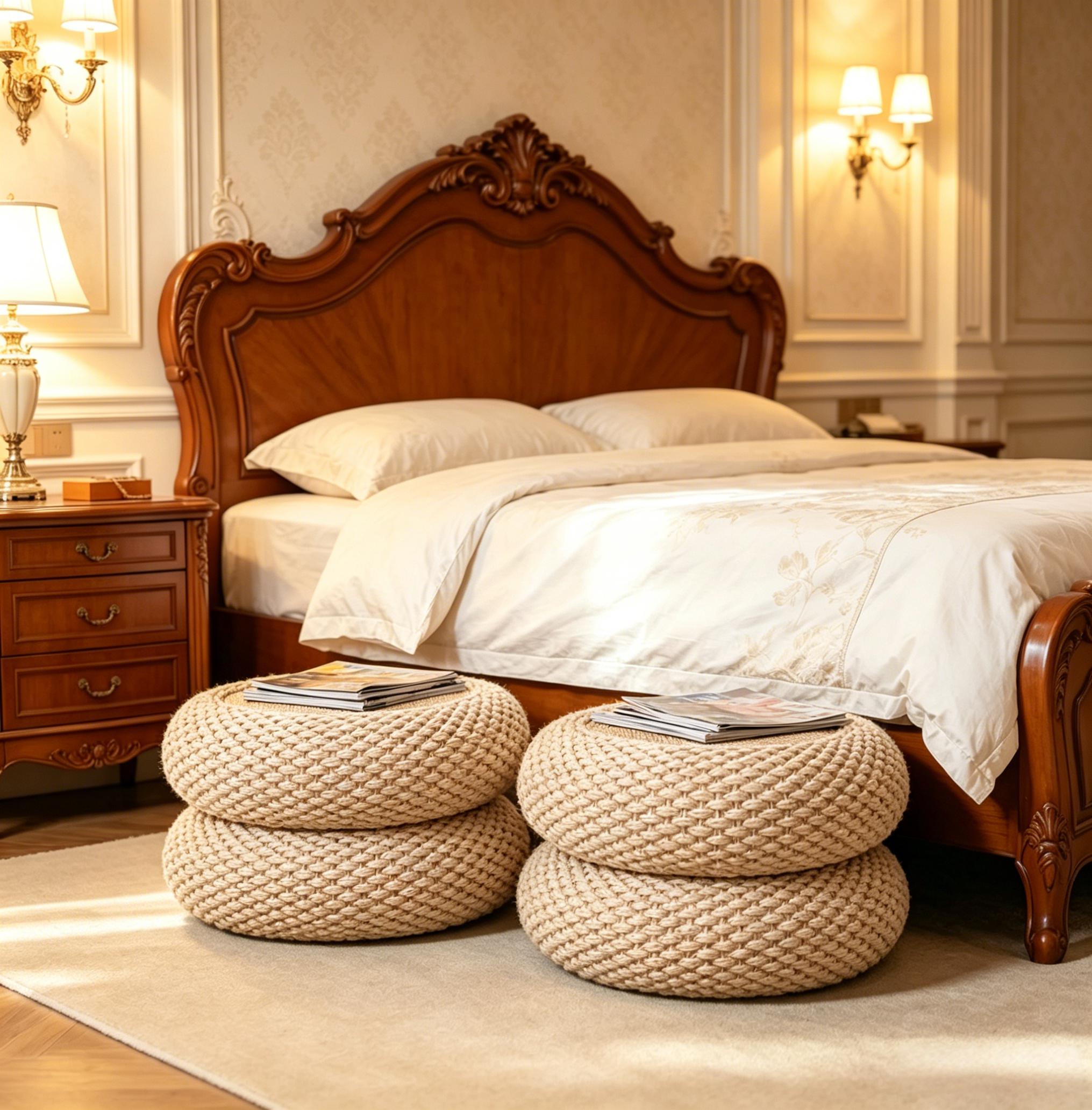 Handwoven rattan floor pouf with solid wood frame, farmhouse style for bedroom use