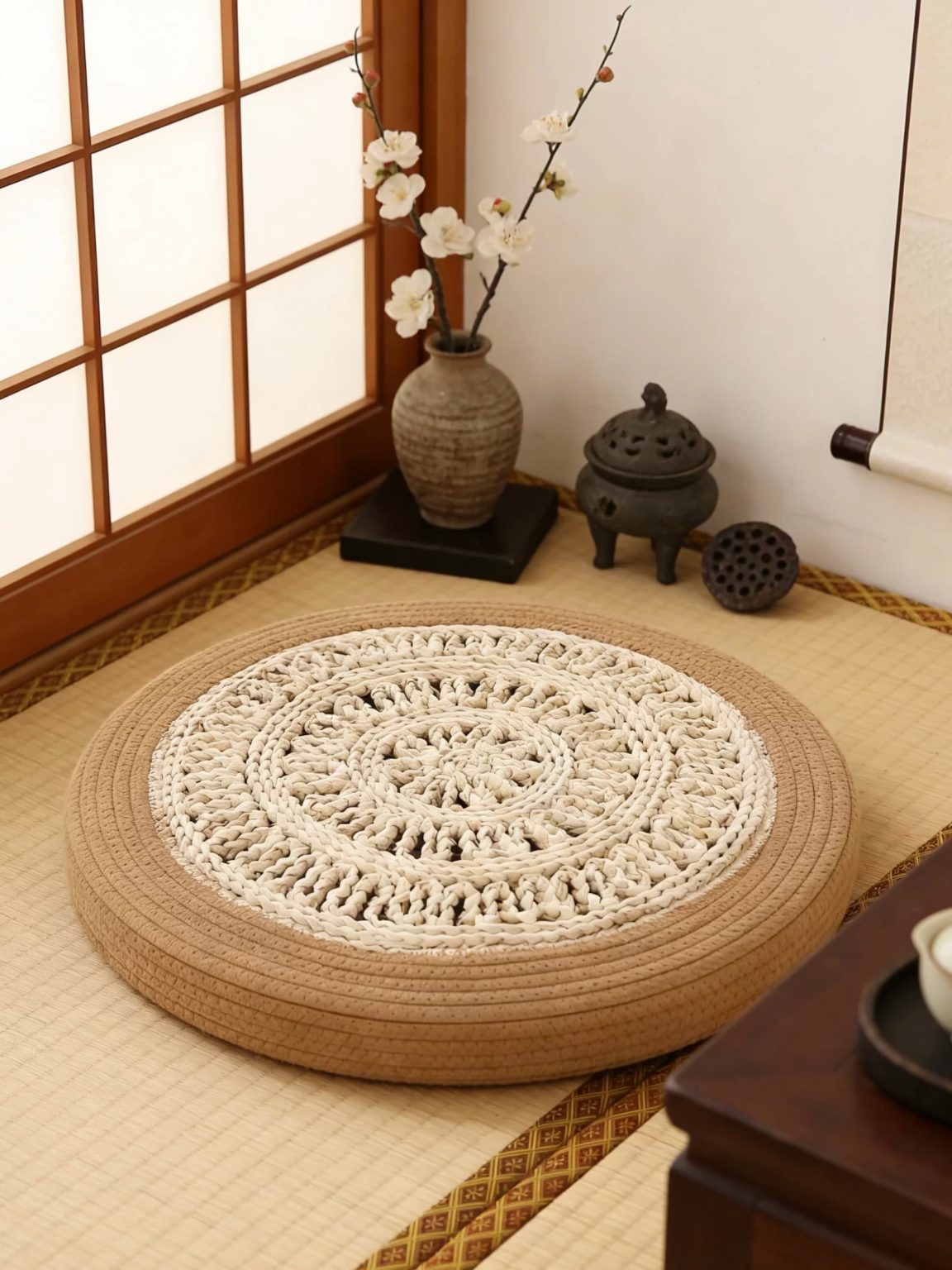Japanese zen style handcrochet cotton cushion, for tatami room and meditation spaces
