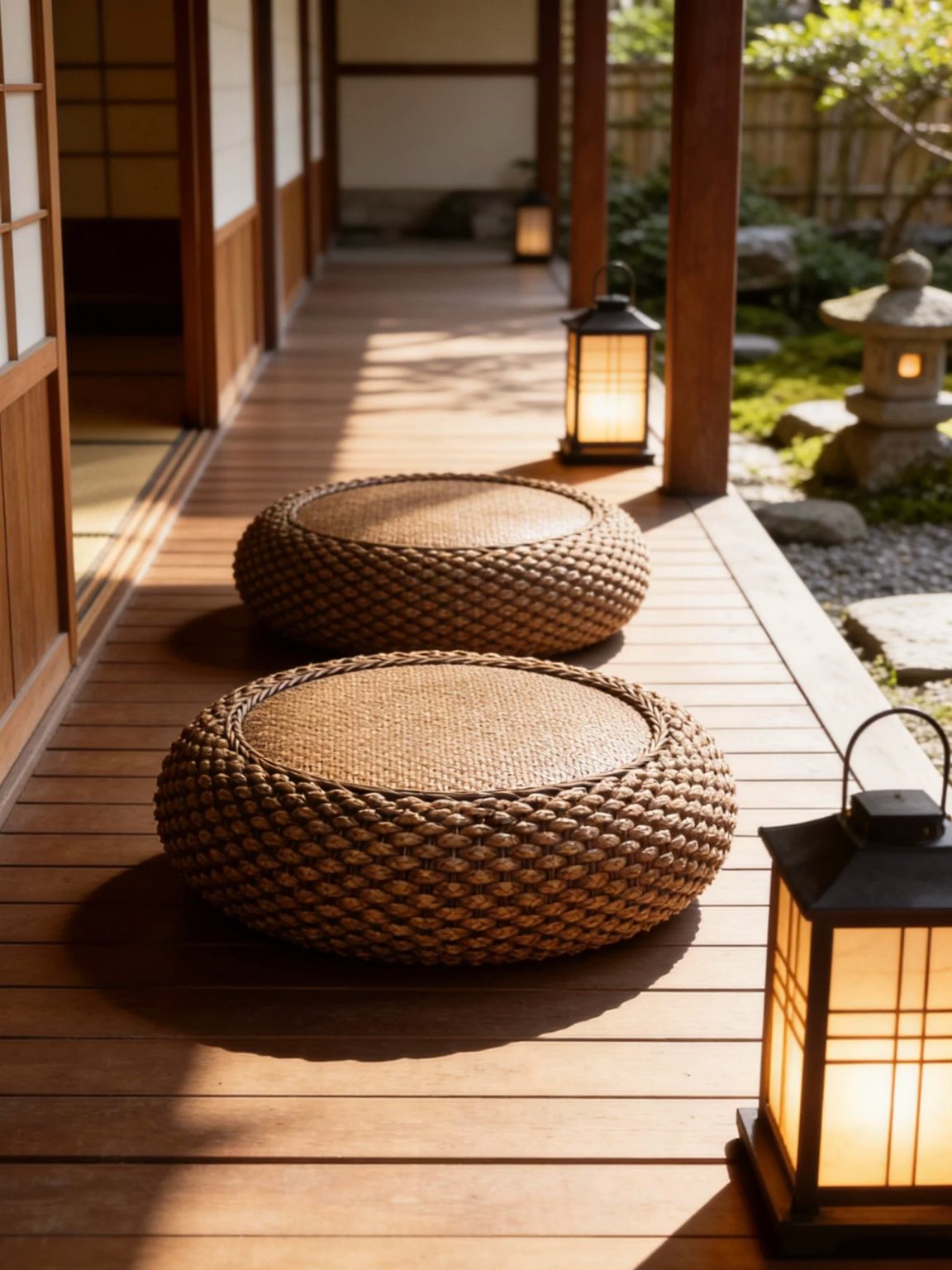 Japanese zen style handwoven rattan pouf, with solid wood frame for garden use