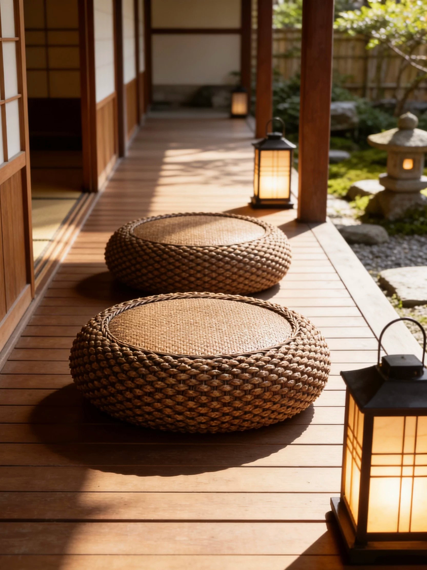 Japanese zen style handwoven rattan pouf, with solid wood frame for garden use