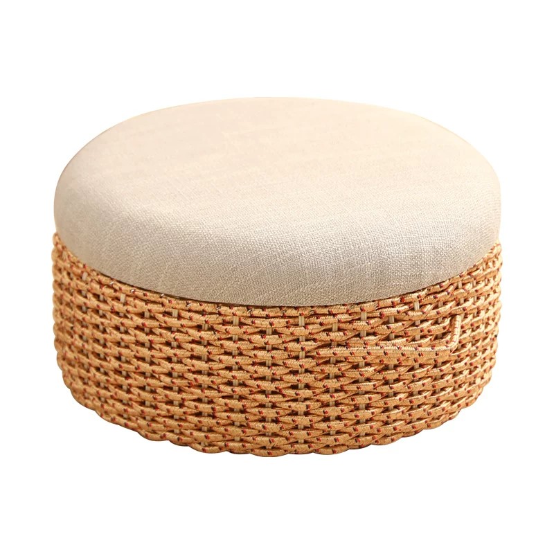 Natural cotton rope stool with linen cushion, handwoven eco-friendly furniture on white background