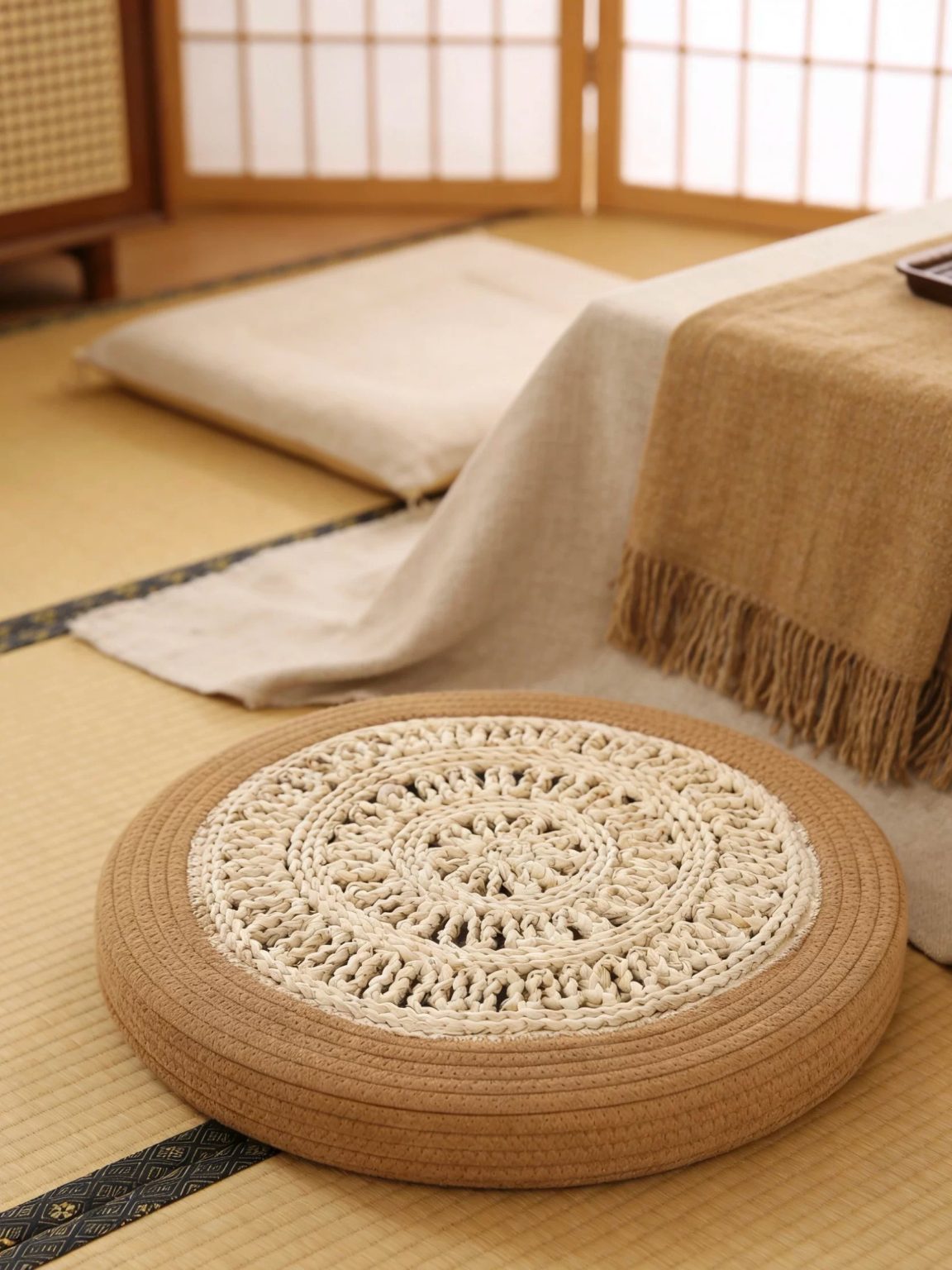 Neutral tone handcrochet cotton cushion in wabi-sabi style, eco-friendly floor seat