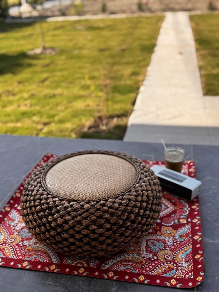 Outdoor handwoven rattan floor pouf with solid wood frame, bohemian style for garden