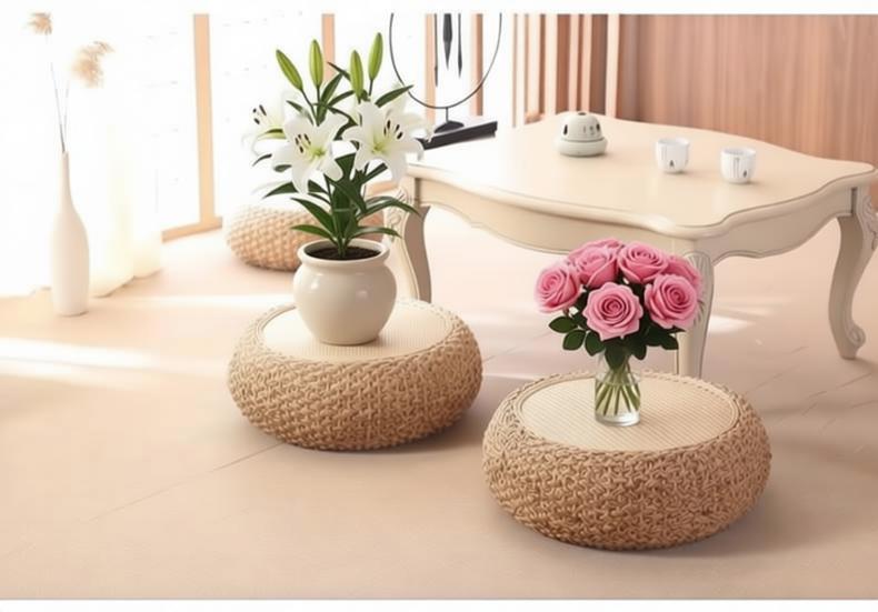 Handwoven rattan floor pouf with solid wood frame, minimalist style for living room
