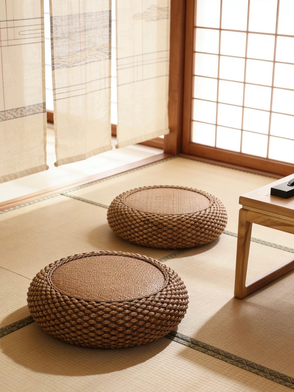 Handwoven rattan floor pouf with solid wood frame, rustic design for tatami room