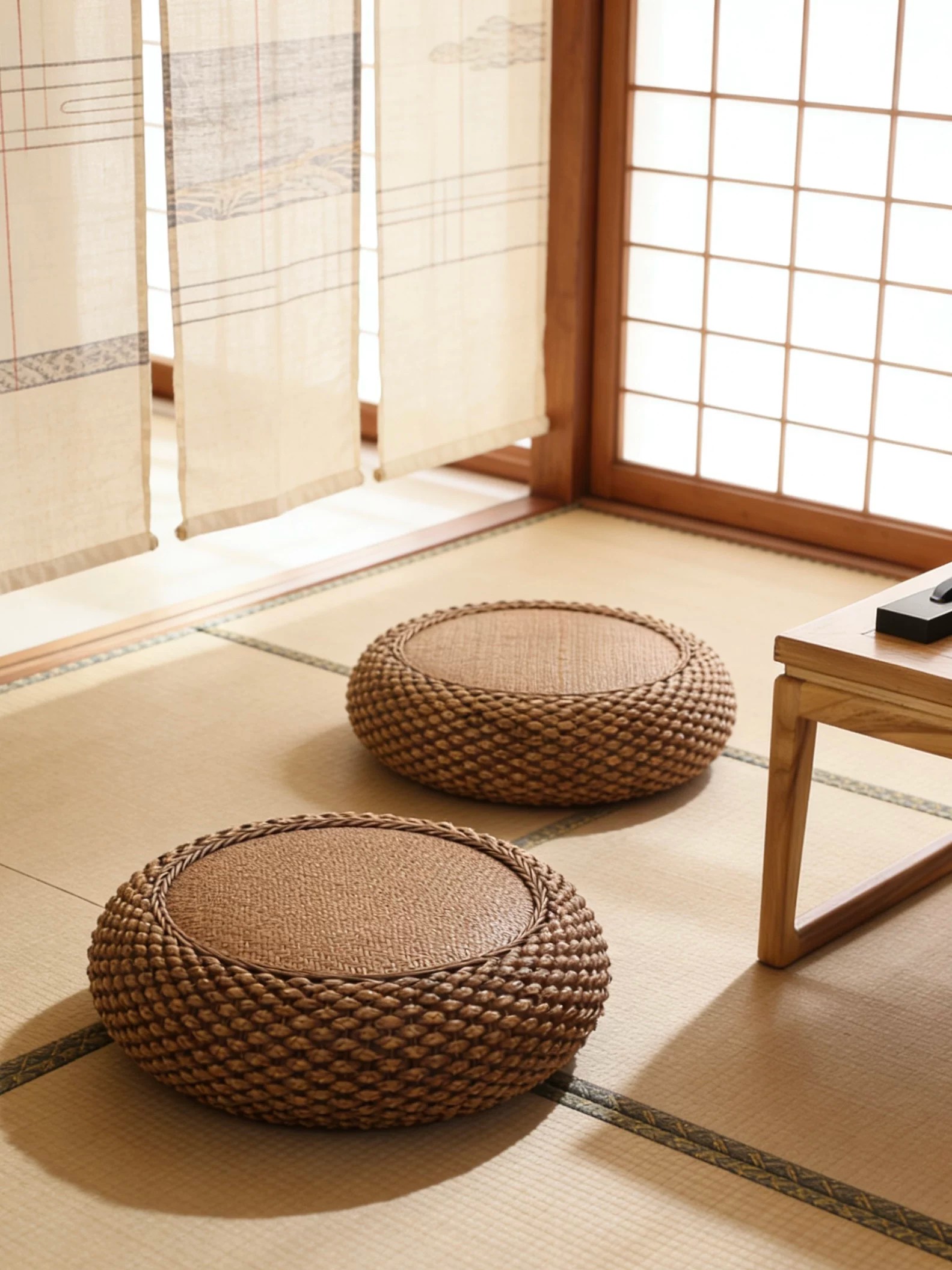 Handwoven rattan floor pouf with solid wood frame, rustic design for tatami room