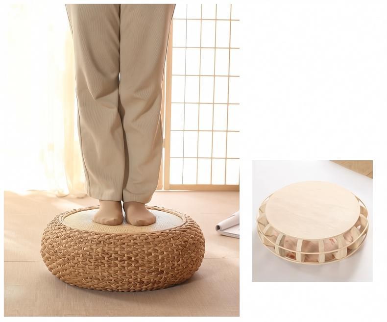 Handwoven rattan pouf details, showing solid wood internal frame and durable construction